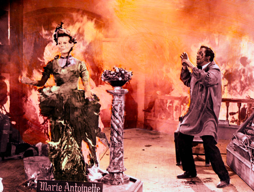 Filmbild aus HOUSE OF WAX, das Vincent Price und eine brennende Wachsfigur zeigt